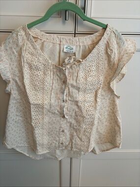 Very J Cream Floral Crochet Tie-Front Blouse